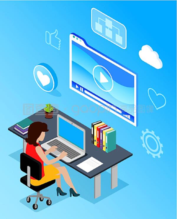 工作場所的商業(yè)網(wǎng)絡(luò)通信。辦公室使用手提電腦無線設(shè)備的女性。藍色的媒體顯示和互聯(lián)網(wǎng)圖標(biāo)像和云。PC向量的數(shù)字營銷專家。計算機向量的數(shù)字營銷專家